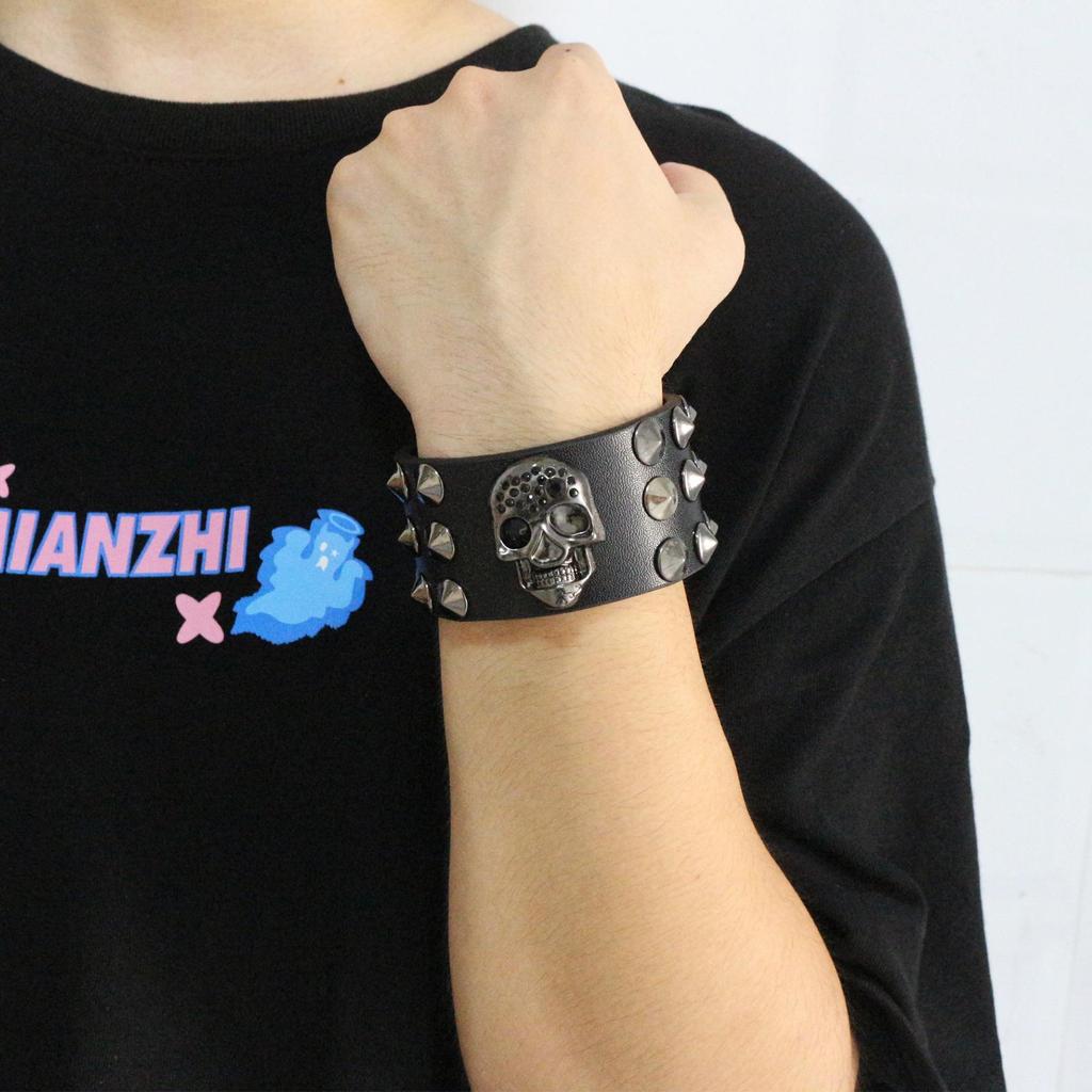 Skull Rivet Punk Leather Bracelet - Edgy Street Dance Rap Wristband Accessory