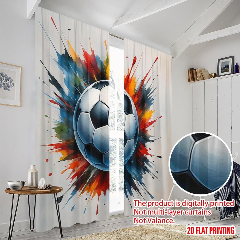 2pcs,2D plane printing Curtain Fabric Colorful Soccer Burst Versatile Durable Polyester (without rod) Gifts Use for Bedroom,