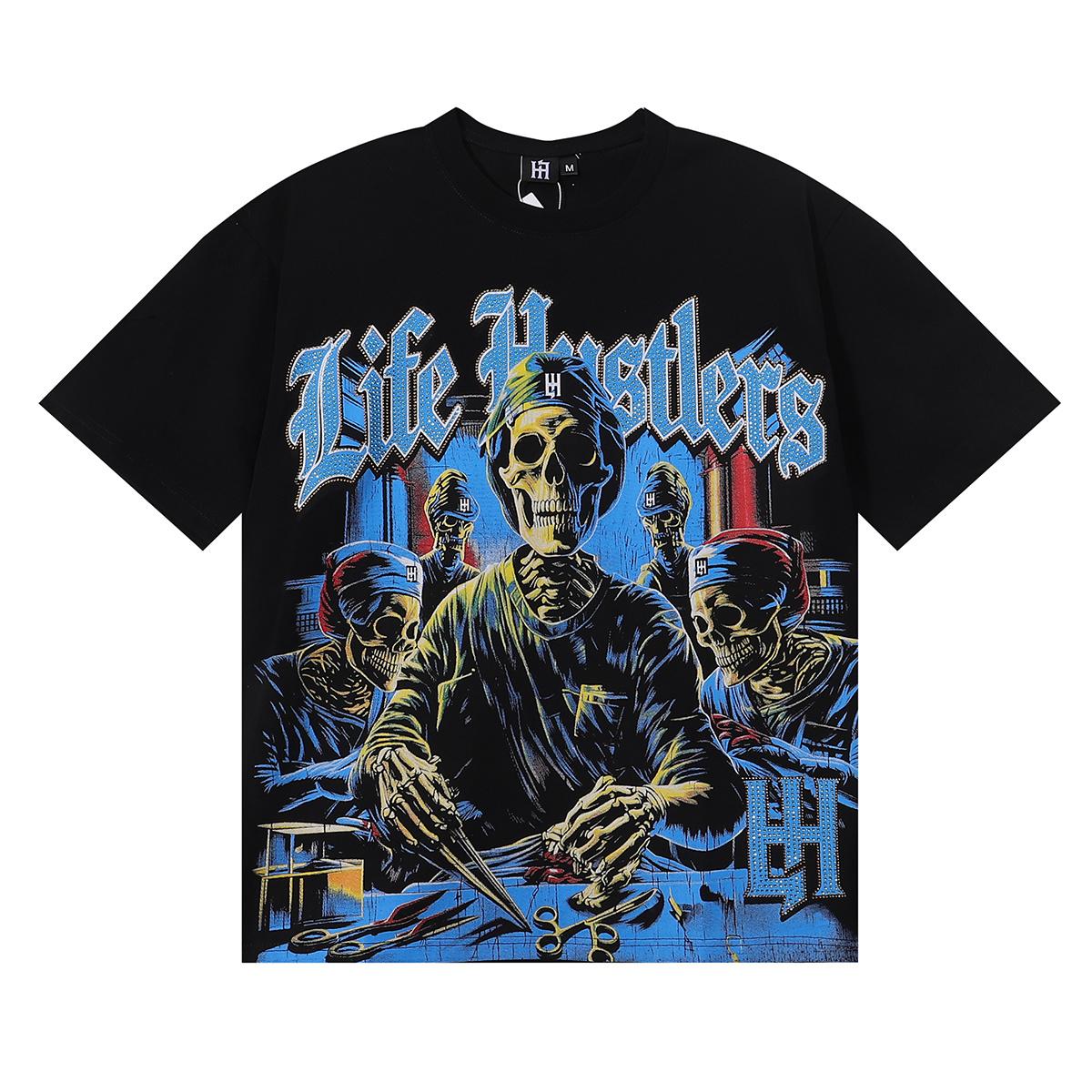 

Summer Unisex Rhinestone Life Doctor Skull Graphic Cotton T-Shirt Dark Chicano Streetwear Short Sleeve Tee Men Women S
