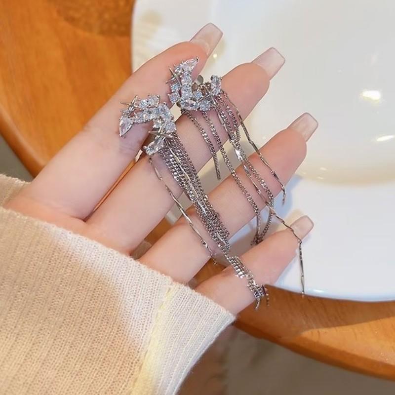 Long tassel ear clips without ear holes Women's temperament Light luxury Zircon ear bone clips No piercing earrings