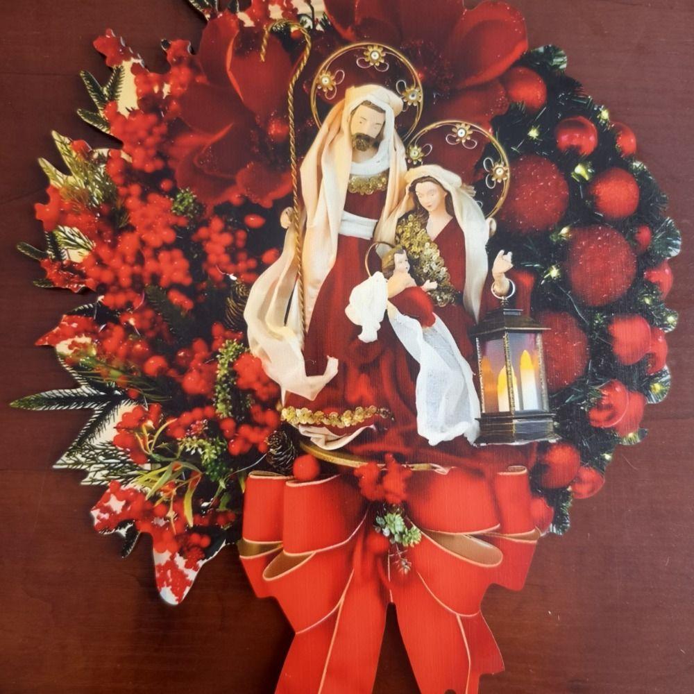 Party Supplies Red Christmas Wreath 2D Oil Lamp Door Hanging Artificial Garland Flat Wooden Christmas Ornaments Fireplace Mantel