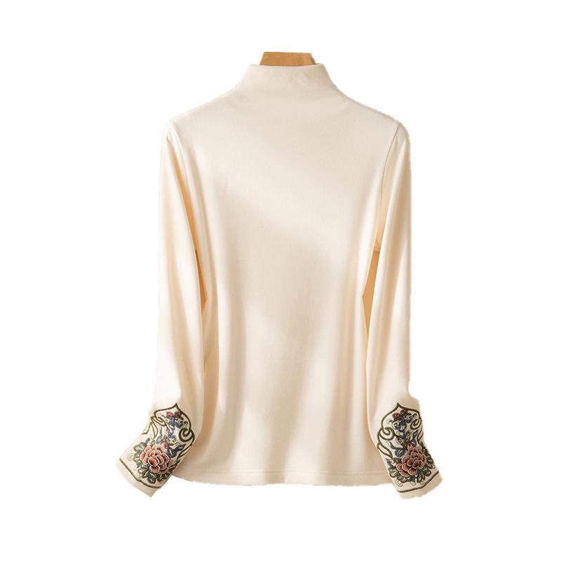 Women's Ethnic Embroidered Fleece T-shirt - Autumn/Winter Long Sleeve Half-High Collar