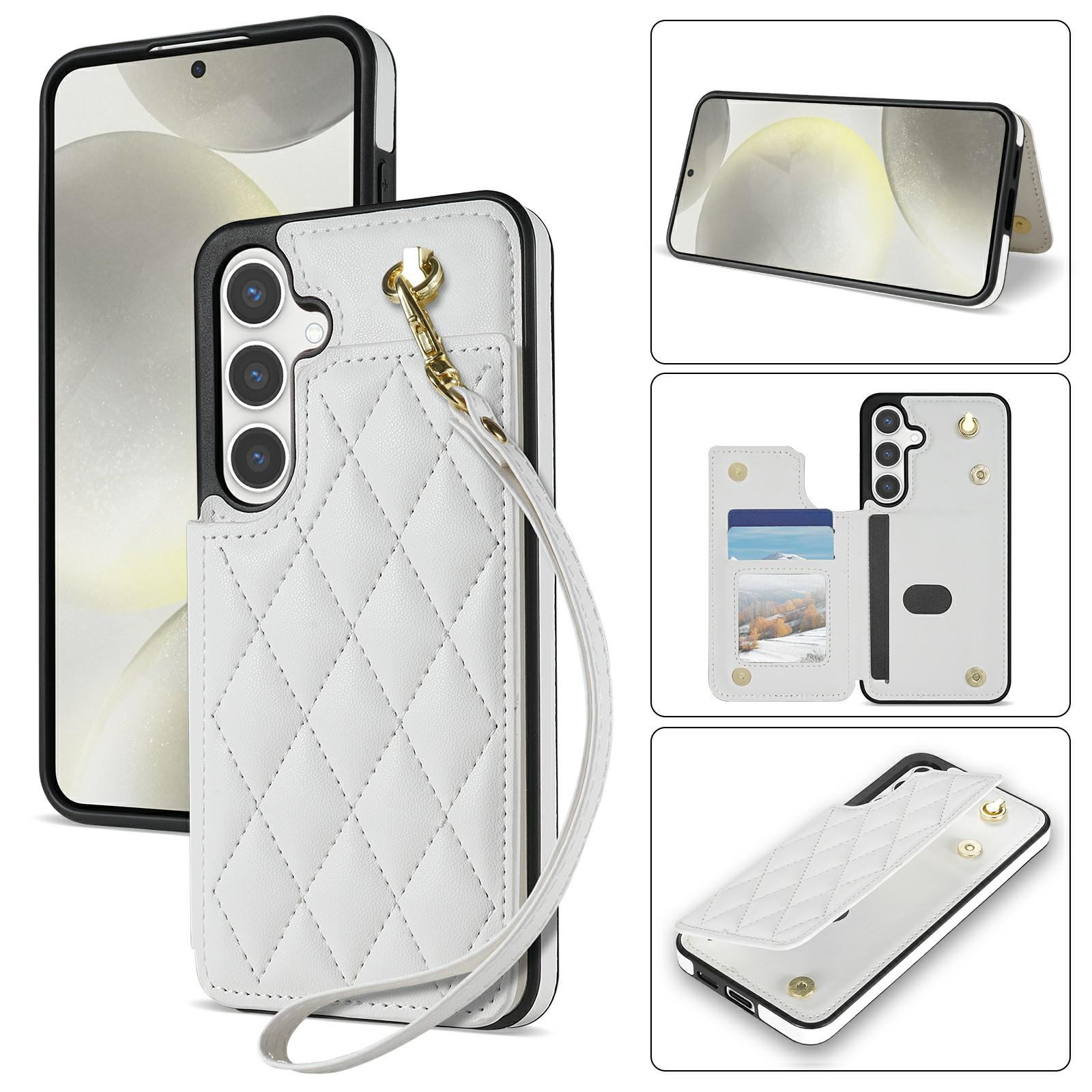 

For Samsung Galaxy A16 5G/4G Case with Wrist Strap Card Slots Rhombus Leather+TPU Phone Cover White
