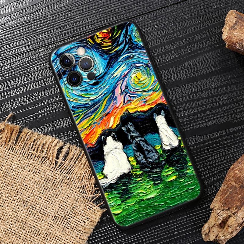Van Gogh Starry Night Cat Oil Painting Funda For Iphone 15 Pro 14 11 12 13 Pro Max Mini XS X 7 8 14 Plus SE2020 Cases Soft Cover
