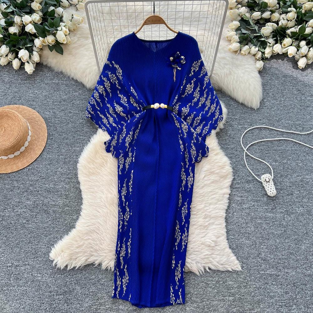 

Весна Осень Женские Элегантные Платья с 3D Цветочным Принтом, Плиссированные, С Рукавами Летучая Мышь, Свободного Кроя Оверсайз, с Поясом One Size синий