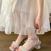 New ModelXia Chaohuo Sandals Fashion Rhinestone Word With Silver Thick Heel Square Head Crystal Middle Heel Women'S Shoes