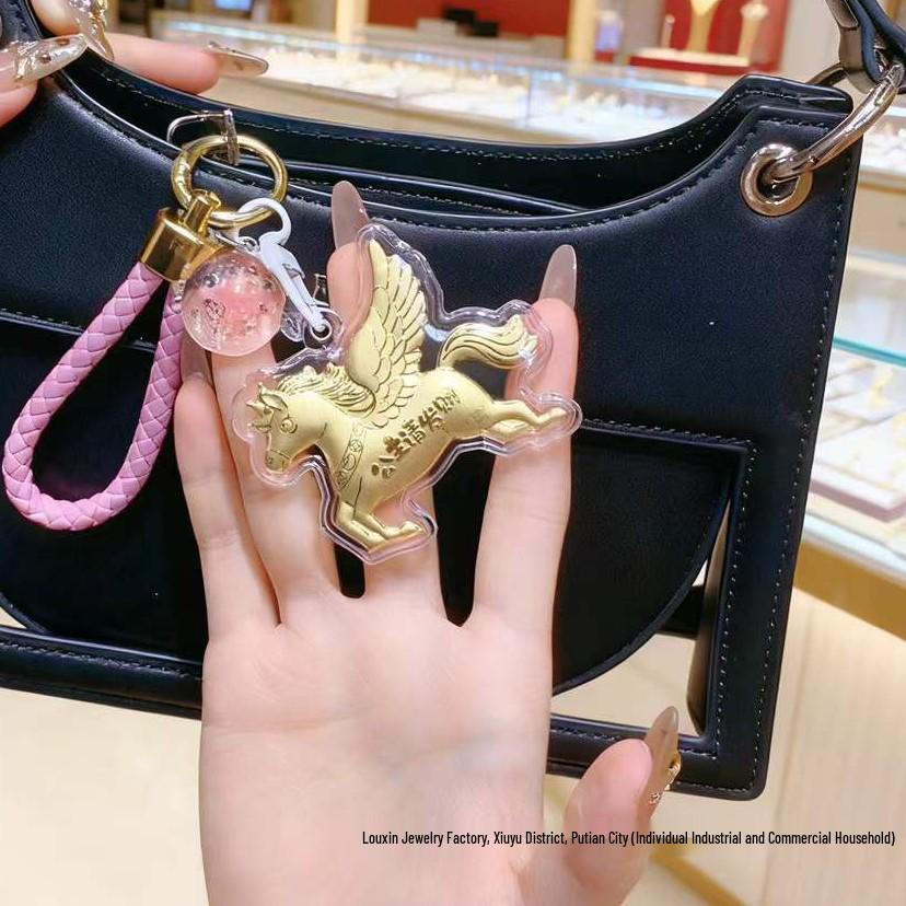 999 Pure Gold Keychain with 'Get Rich Immediately' Charm & Flying Horse Gold Bag Charm - Ideal New Year Gift