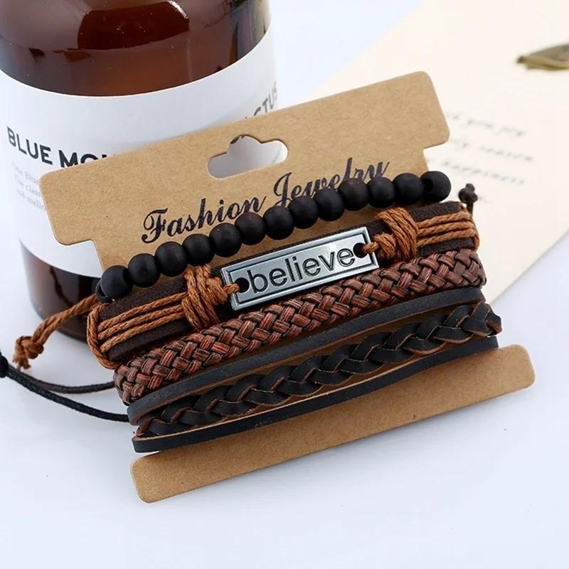 4 PCS/Set Hand Woven Leather Bracelet Wooden Bead Set Bracelet Letter Believe Vintage Accessories Gift