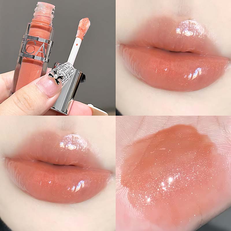 Peach Pink Moisturizing Lip Gloss with Fine Shimmer Long-Lasting Non-Stick Jelly Lip Plumping Korean Makeup