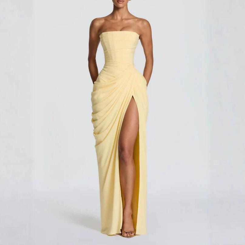 Damen trägerloses ärmelloses Maxikleid schmal geschnitten mittelhoher Bund elegant gerafft geschlitzt Abendkleid M