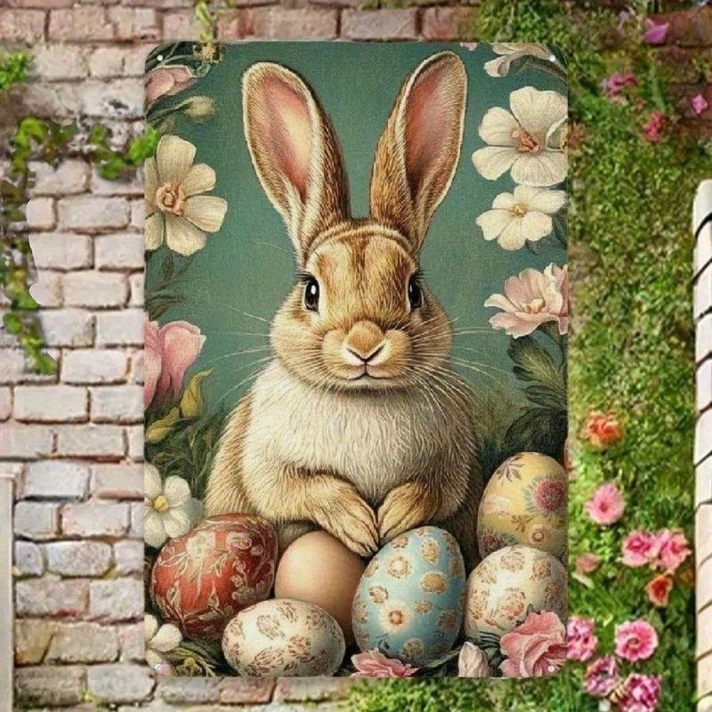 Rustic Farmhouse Easter Bunny Metal Sign Vintage Spring Wall Art Cute Hanging Ornament Indoor Home Decor