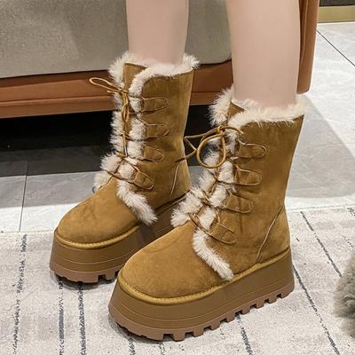 Botas de Neve Femininas 2025 Inverno Novo Pelúcia Grossa Quente Solas Grossas de 7cm Moda Camurça Khaki Couro Cano Médio Sapatos de Algodão para Menina