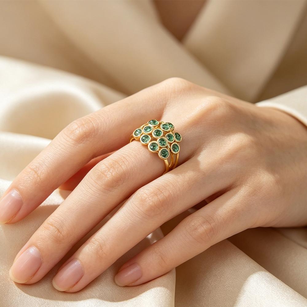 Green Cubic Zirconia Declaration Ring, Multi Row Bubble Bezel Set, Stackable Open Ring, Suitable for Elegant Party Jewelry Gifts
