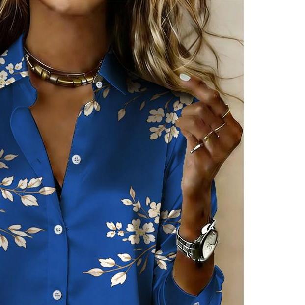 Royal blue and white floral printed ladies' satin blouse - elegant plant pattern long-sleeved blouse, perfect for romantic and casual styles