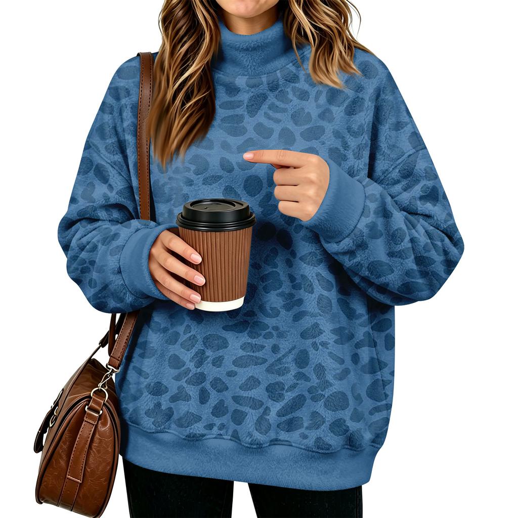 Women's Casual Long Sleeve High Neck Flannel Leopard Print Sweatshirt
