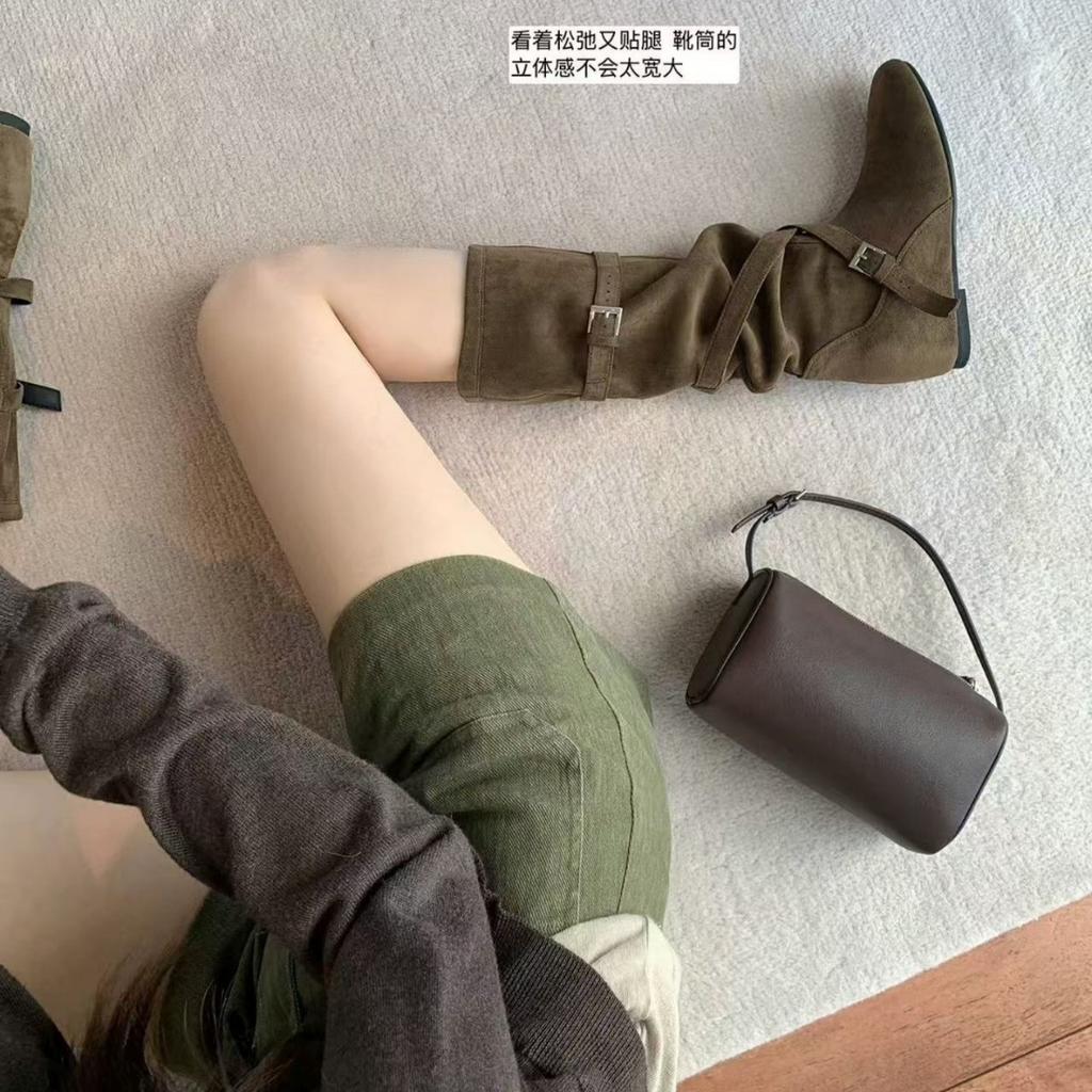 Ausgabe Höhenzunahme cm~ Herbst neue runde Zehen Schnalle mit weichem plissiertem Leder dünne Stiefel für Damen