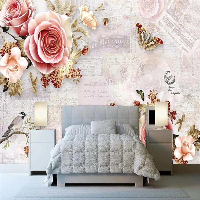 Moderne handgemalte Rosen Tapete Blumen Schmetterling 3D Wandbild Wohnzimmer Schlafzimmer Romantische Dekoration Tapete