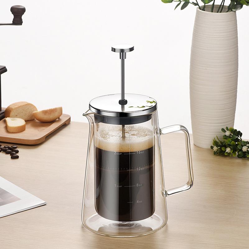Double-layer Coffee Pot Glass French Press Pot with Filter Screen Heat-resistant and Thermal Insulation Coffee Utensils Household Filter Sharing Pot