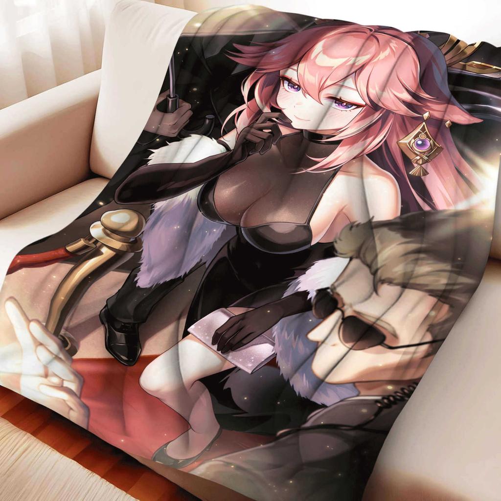 Cartoon Yae Miko Flannel Blanket Cover Summer Soft Anime Genshin Impact Blanket Multifunctional Decor Home Universal Blankets