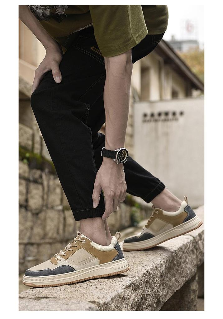 2032 Men's Handmade Flat Sole Cowhide Fashion Sneakers - Low-Top, Color Block, Large Size, Casual Spring/Autumn Trend