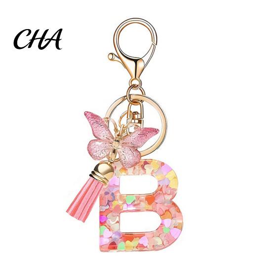Compact Keychain Pink Series Pendant, Sequins Heart Initial Letter Charm Key Chain with Versatile Butterfly Tassel Design, A-Z Holder for Bag