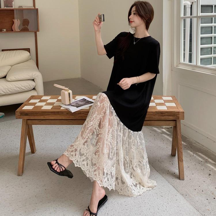 Vintage Lace Spliced Oversized Long Dress for Women Plus Size Summer Casual Loose Basic Dress