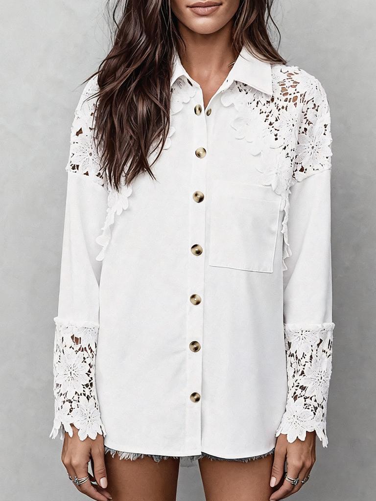 Camicia con ricamo a punto croce, colletto ricamato, manica lunga, spalle scese, tinta unita, poliestere, per pendolari, stile primaverile