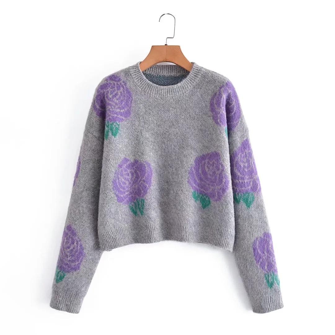 

Осенне-зимний мягкий и ленивый стиль, элитный фиолетовый жаккардовый свободный вязаный пуловер для женщин