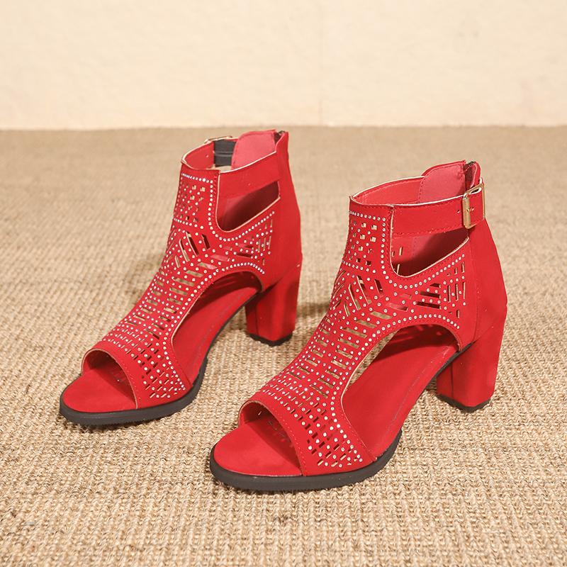 Fashion Fashion High Heel Woven Sandals Women's Summer New Rhinestone Cutout Fish Mouth One Buckle Block Heel Open Toe Roman Shoes