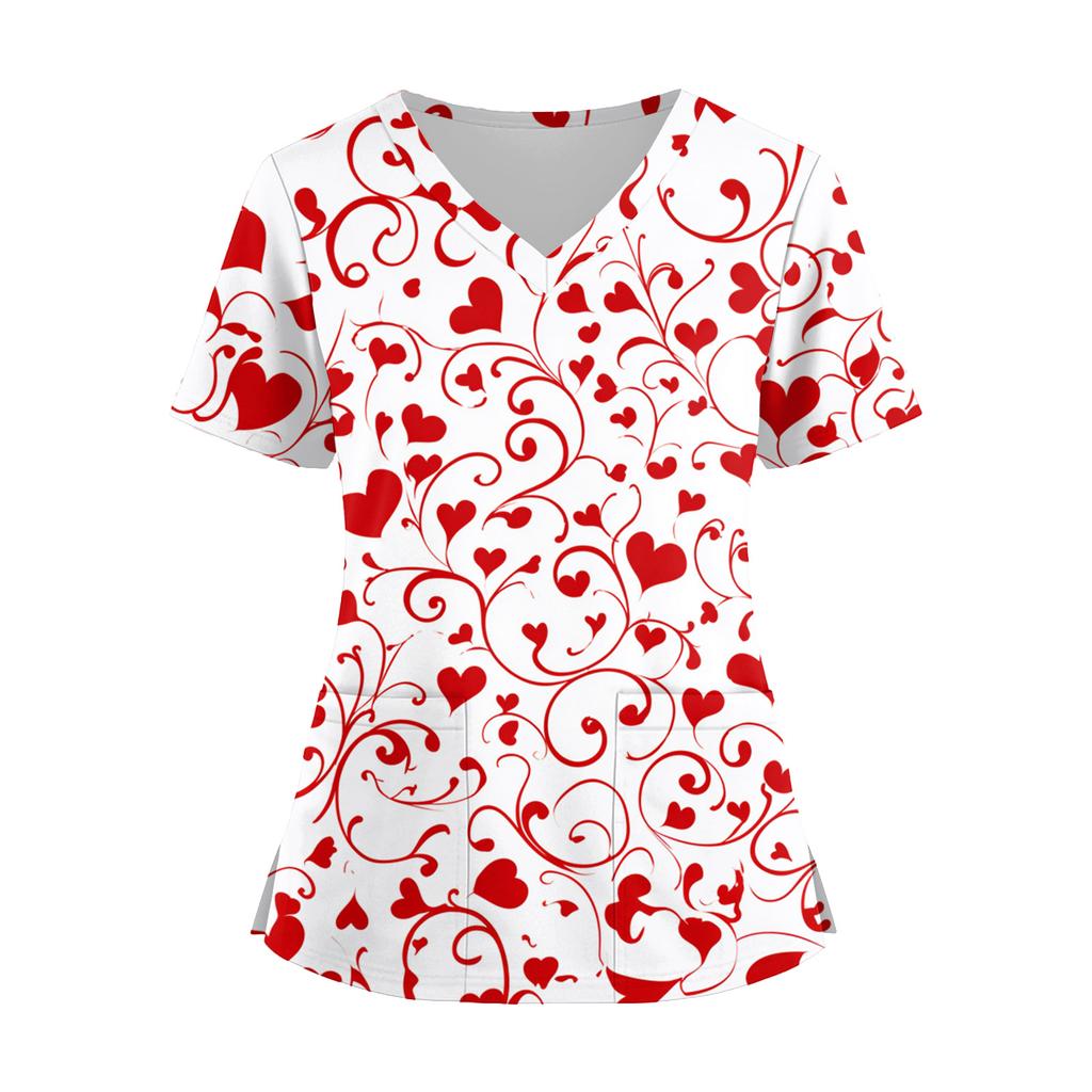Damenmode V-Ausschnitt Kurzarm Overalls mit Taschen Print Tops Kleidung