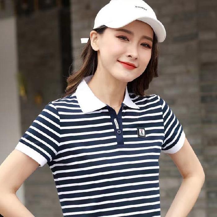 New Summer Striped Short-sleeved T-shirt for Women with Large Size Loose Sports Collared Top Lapel Polo Shirt