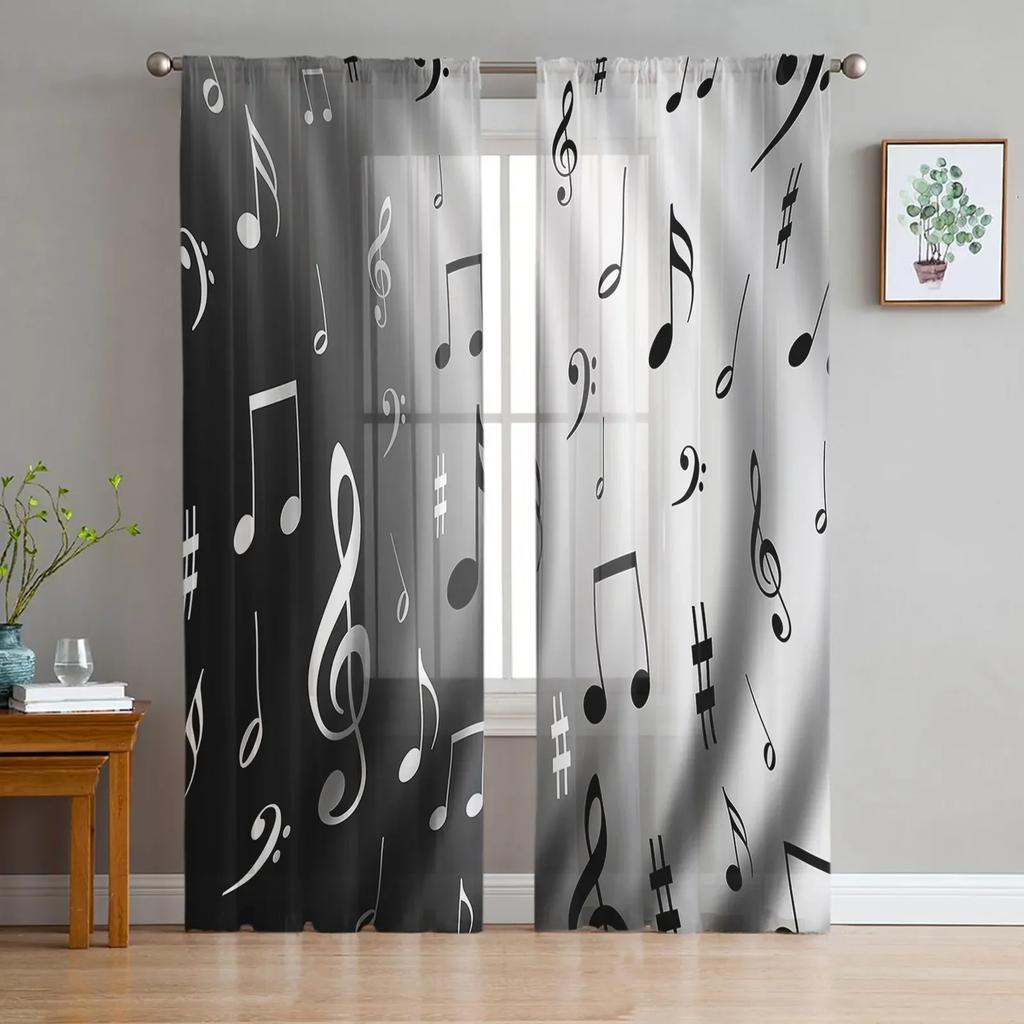 Music Symbol Black And White Art Chiffon Sheer Curtains for Living Room Bedroom Decoration Window Voiles Tulle Curtain Drapes