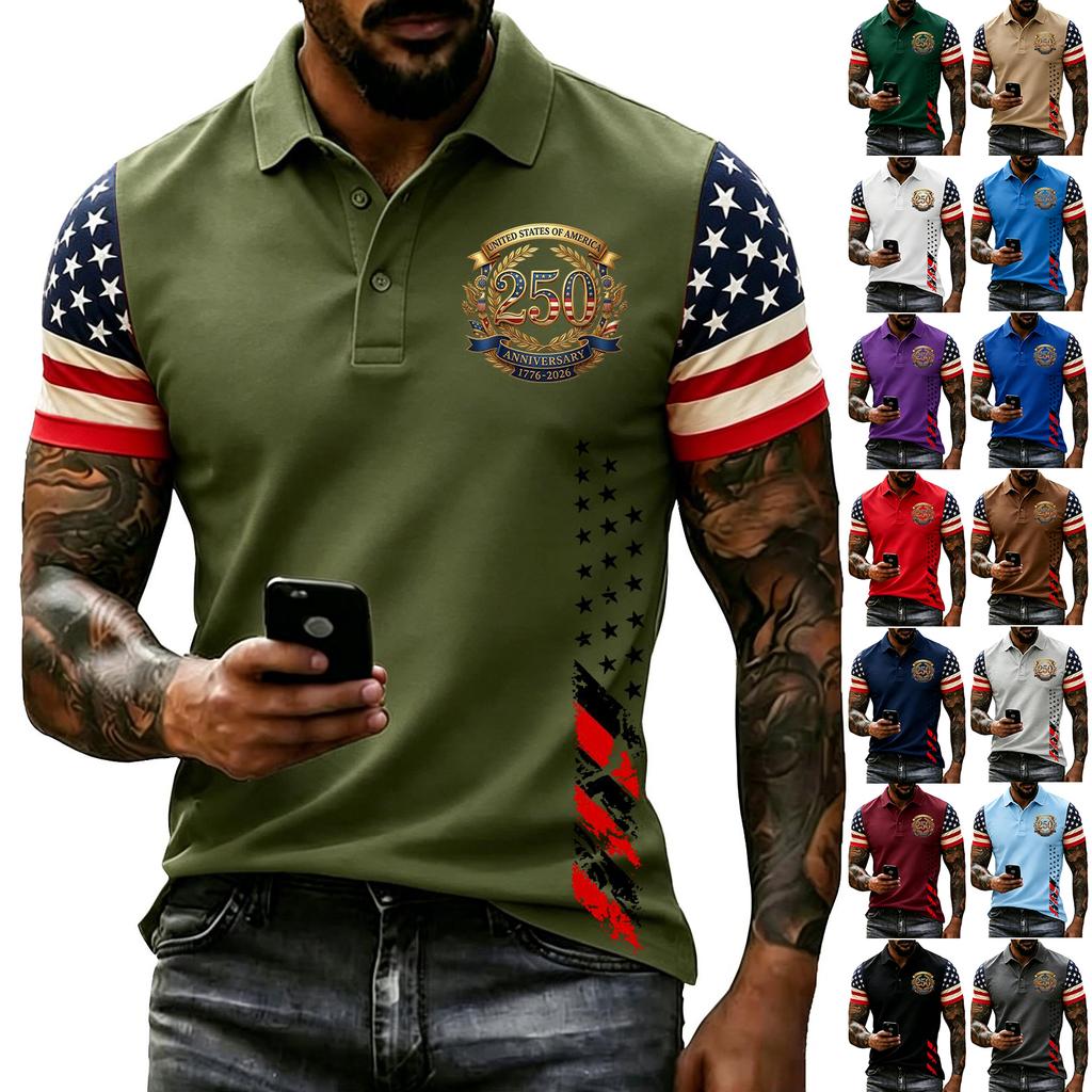 Men's Short Sleeve Polo Shirt with Independence Day Print Casual Fit Button Down Collar Top for Everyday Wear