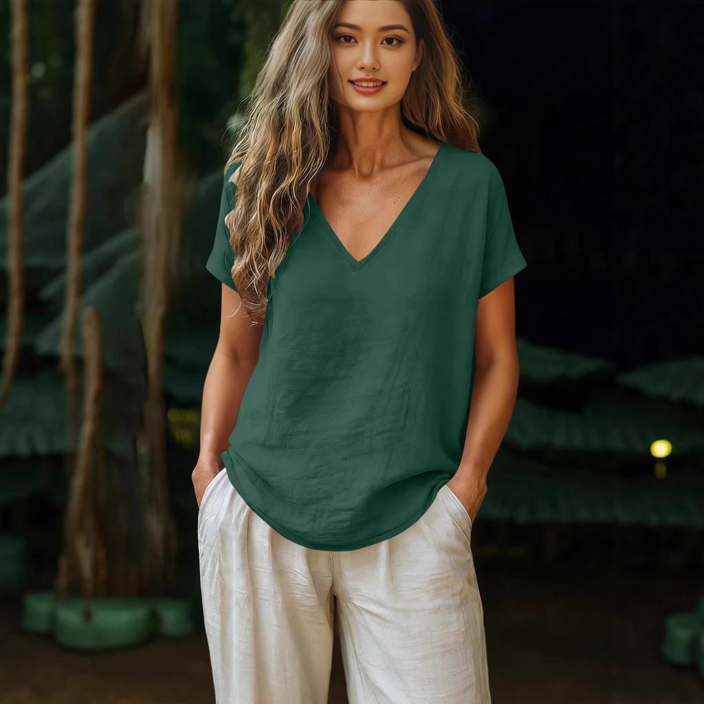 Women's Short Sleeve V Neck Blouse Casual Commute Loose Fit Top For Spring Summer 2026