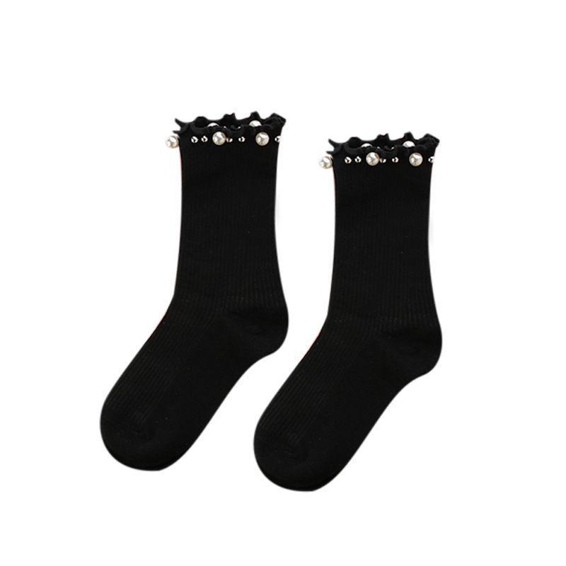 Kinder Schwarz Perle Rüschenkante Mid-Calf Baumwolle Spitze Socken