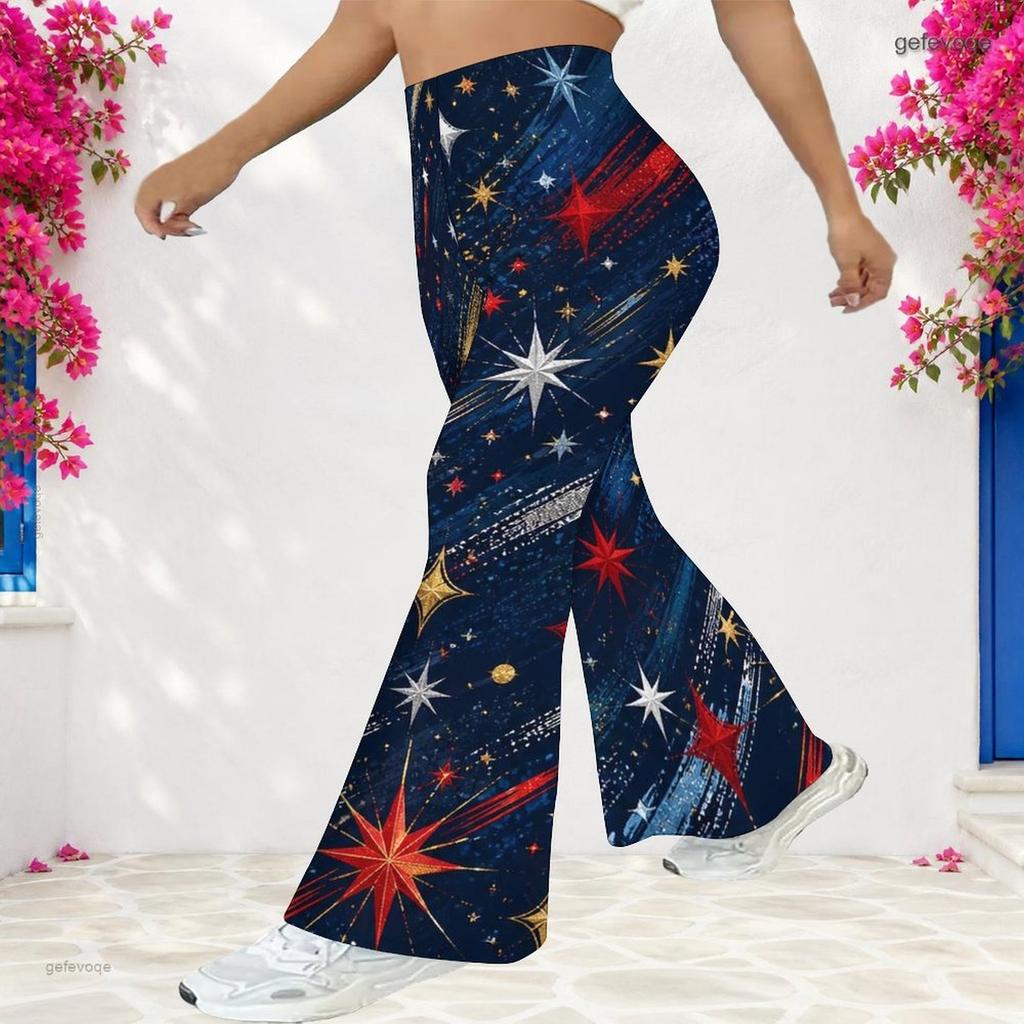 Women Plus Size High Waist Full Length Flared Pants White Star Printed Trousers