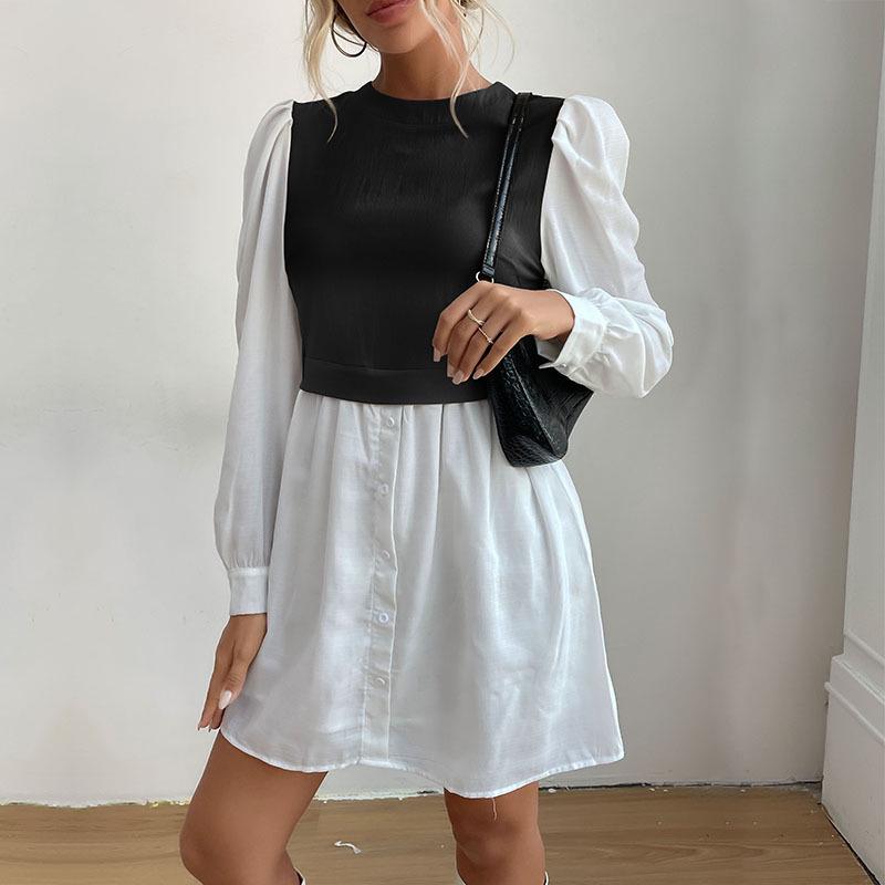 

2025 Autumn Women s Color Block Puff Sleeve Round Neck Shirt Dress L чёрный