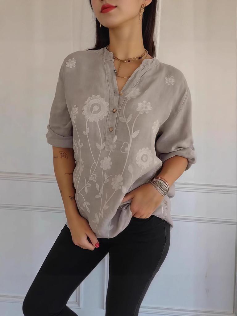 2025 Frühjahr/Sommer Damen Spitzenstickerei Knopf V-Ausschnitt Shirt