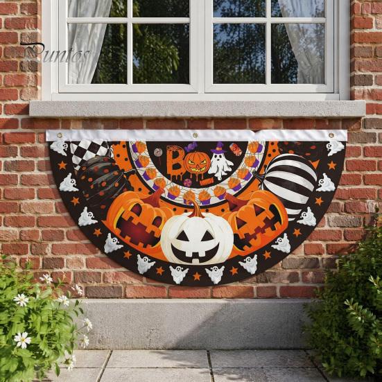 Large Halloween Yard Backdrop Semi Circle Bunting Banner, Pumpkin Bat Porch Decor, Haunted House Party Decor Spooky Festive Hanging Flag for