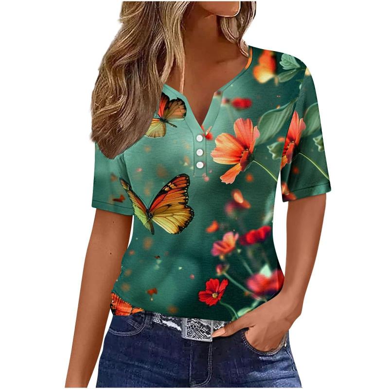 Summer Fashion 2026 New Women's Clothing 3D Butterfly Print V-Neck Three-Button Short Sleeve T-Shirt