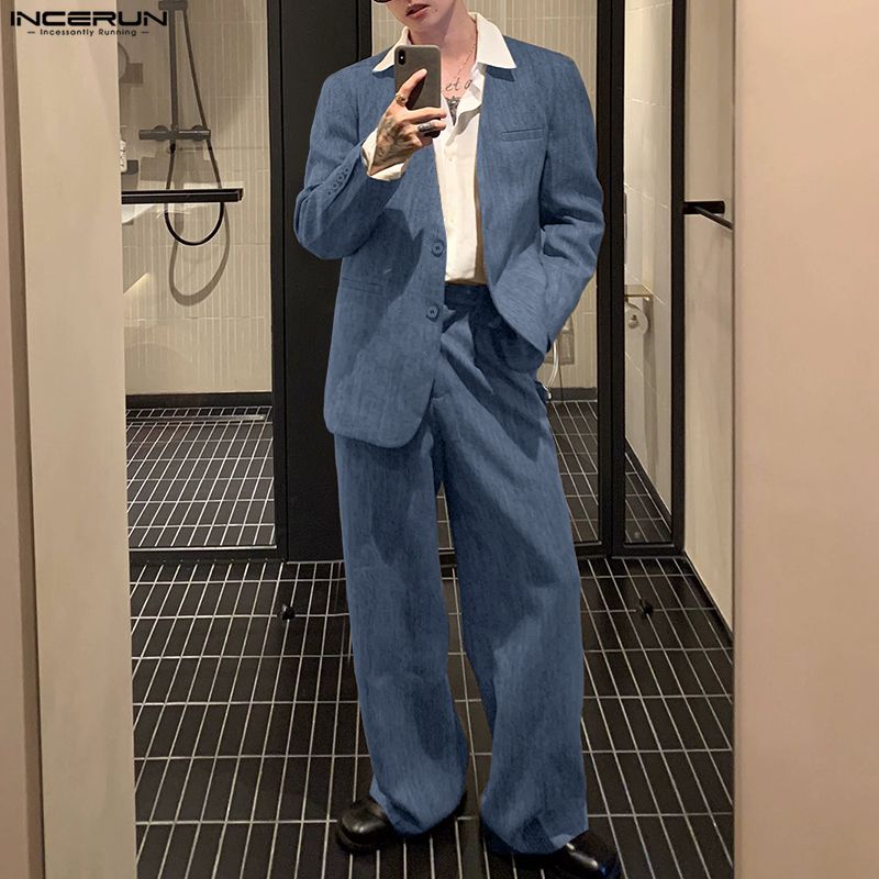INCERUN Two Pieces Outfits Men Long Sleeve Thin Blazer Long Straight Pants Loose Sets