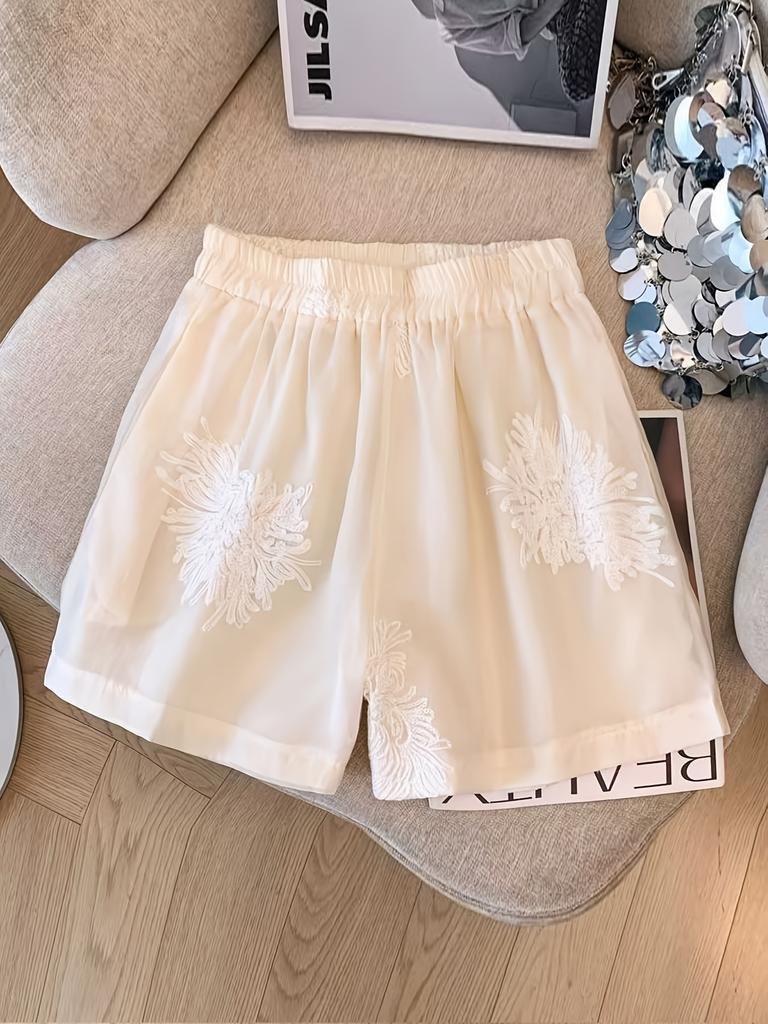 Ladies' Summer Lace New Chinese Gentle Style Pan Button Shirt Top+Shorts Two Piece Set for Women