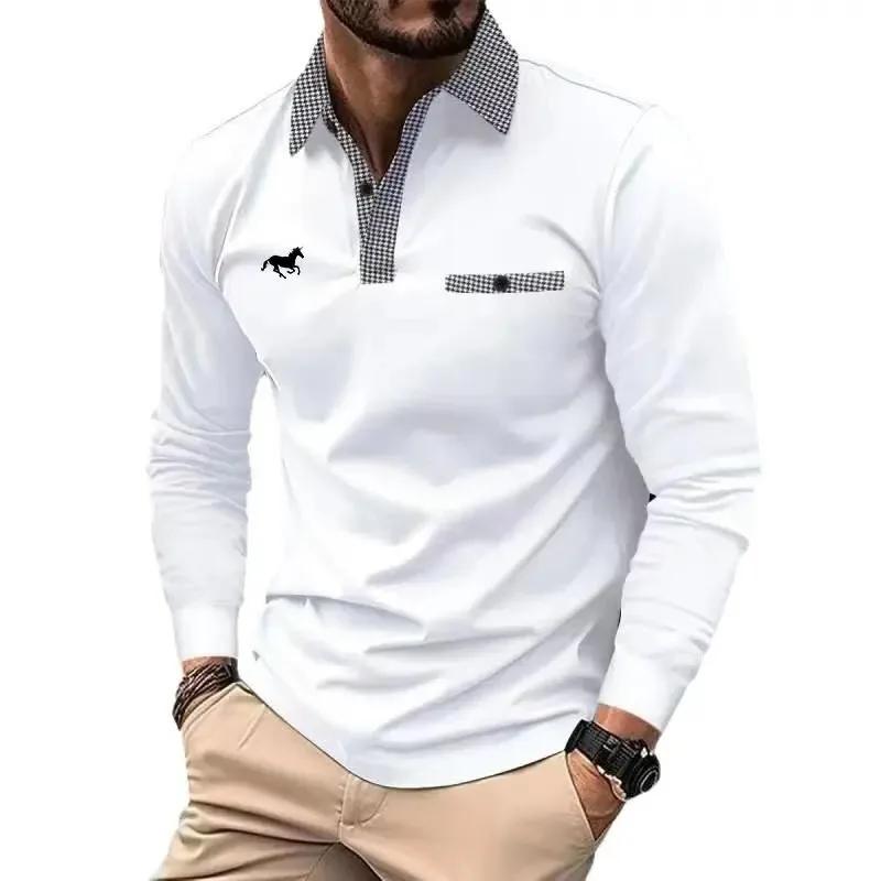 Stylish Men's Long Sleeve Polo Shirt with Plaid Trim, Casual Top