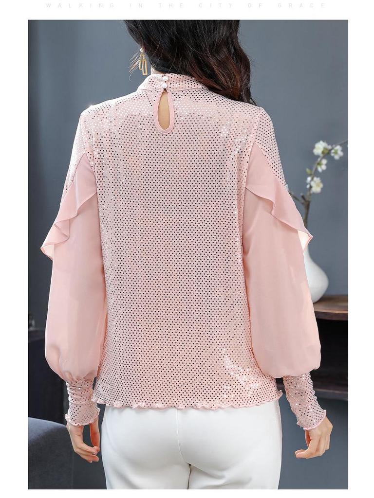 2024 Spring Sequined Slim Long-Sleeve Korean Style Top - Elegant and Versatile