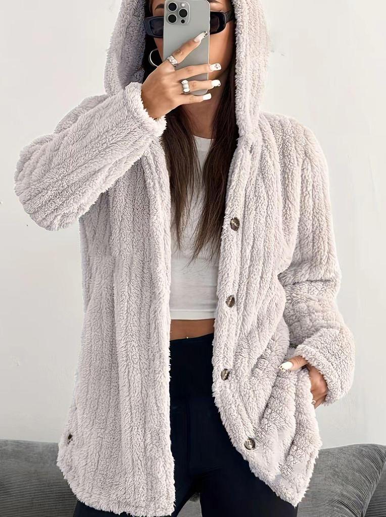Cappotto di Peluche Morbido da Donna Autunno/Inverno 2025 Europa, Colore Unito, Manica Lunga, con Cappuccio, Vestibilità Larga