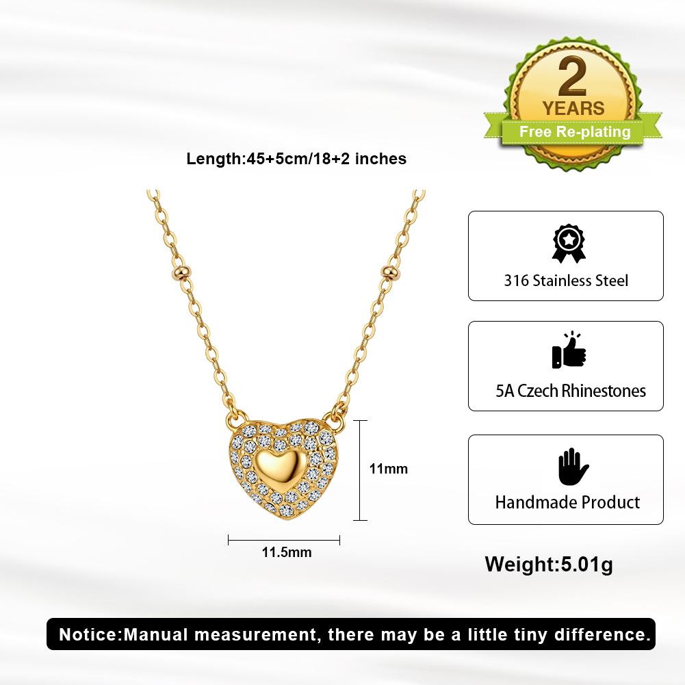 Sparkling Heart Pendant Necklace 316 Stainless Steel Gold Tone With 5A Zircon Rhinestones Adjustable Chain Women Necklaces