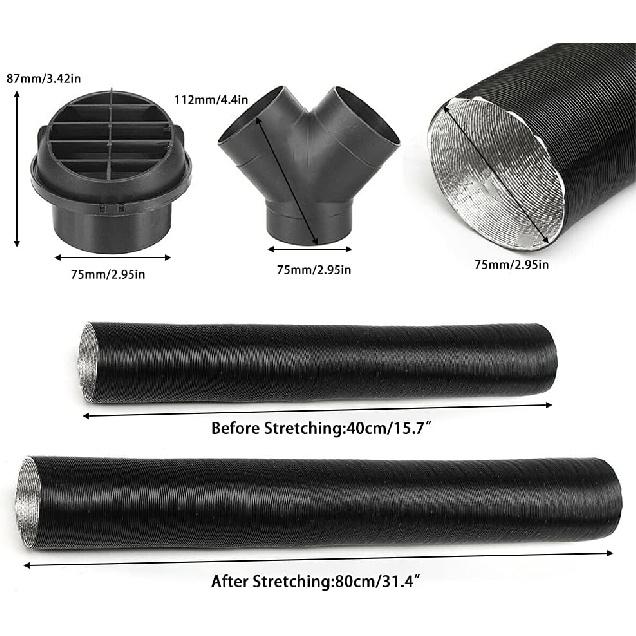 Diesel Parking Heater Set, TZUTOGETHER 75Mm Warm Heater Duct Pipe, Air Outlet, Y-Type Elbow & Clamps