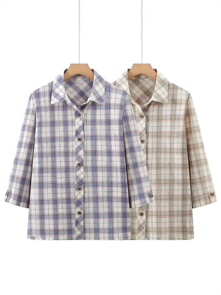 Women's Plaid Long Sleeve Pure Cotton Shirt for Spring/Autumn - Loose Fit for Middle-Aged and Elderly