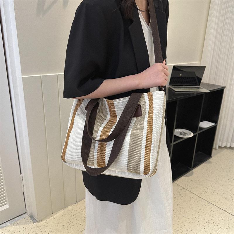 Big bag women's 2025 new fashion striped canvas bag commuter tote bag trendy shoulder messenger mommy bag