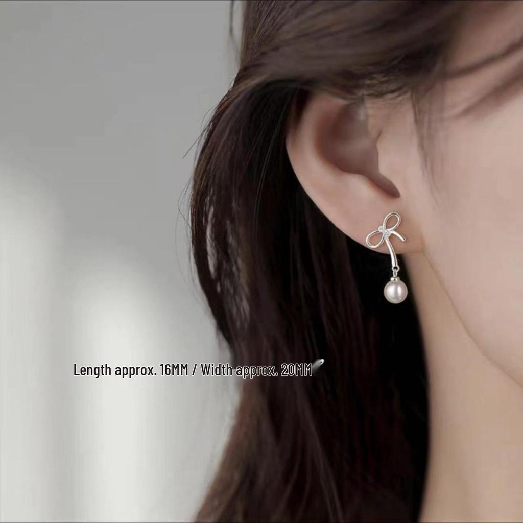 2024 Light Luxury Bow Pearl Stud Earrings: 925 Sterling Silver, Women's Niche Ear Jewelry